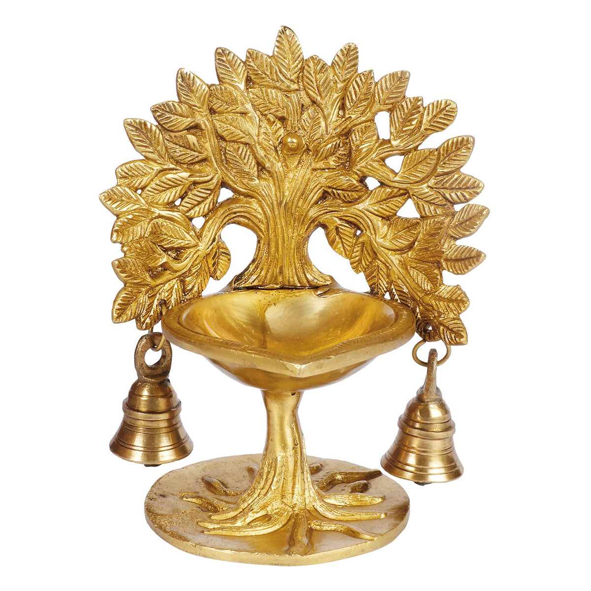 Artvarko Brass Kalpavriksha Tree Diya Oil Lamp with Bells Tree of Life Home Office Temple Decor Gift (5.5x4.5x7 Inch)
