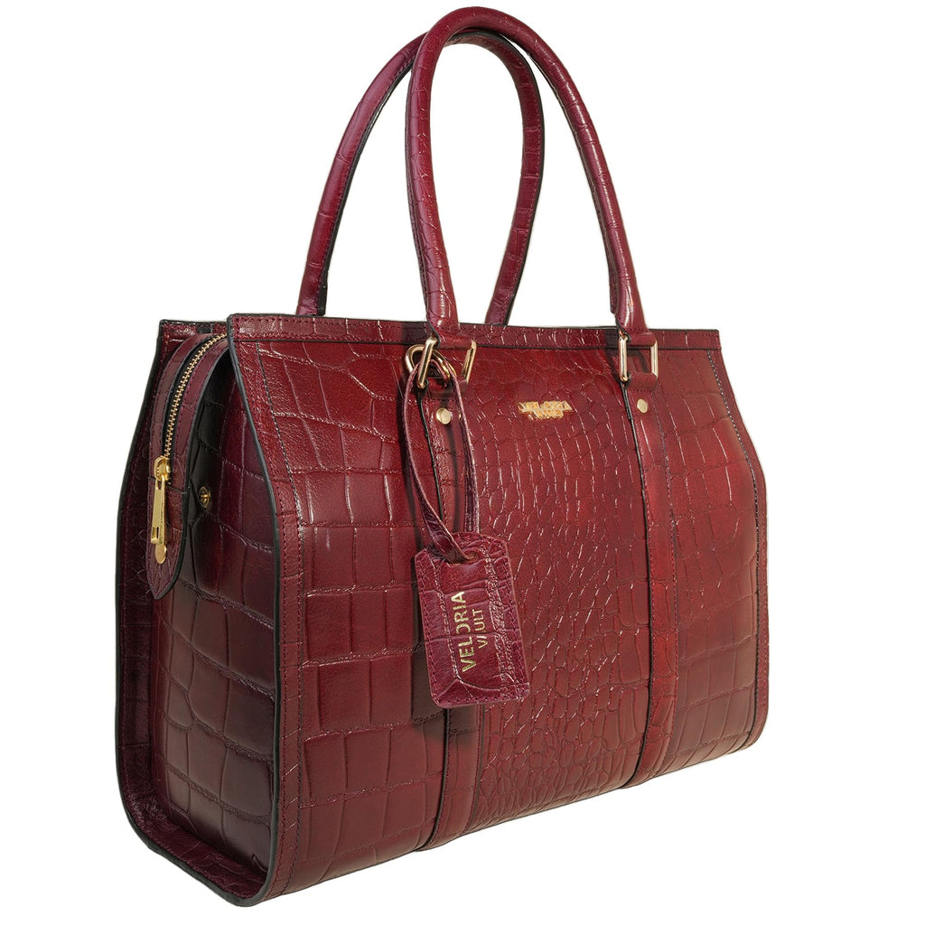 VELORIA VAULT Vanessa Tote Bag, Croc-Embossed Full-Grain Genuine Leather, Detachable Strap, Curved Handles for Women (Cherry)