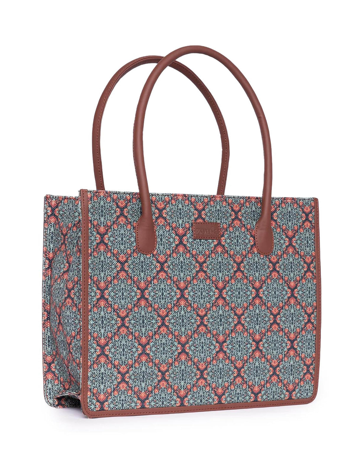 ZOUK Kolkata Nouveau Motif Printed Jute Handcrafted Green Women's Stylish Tote Bags | Tote Handbag| Shoulder bag with double handle