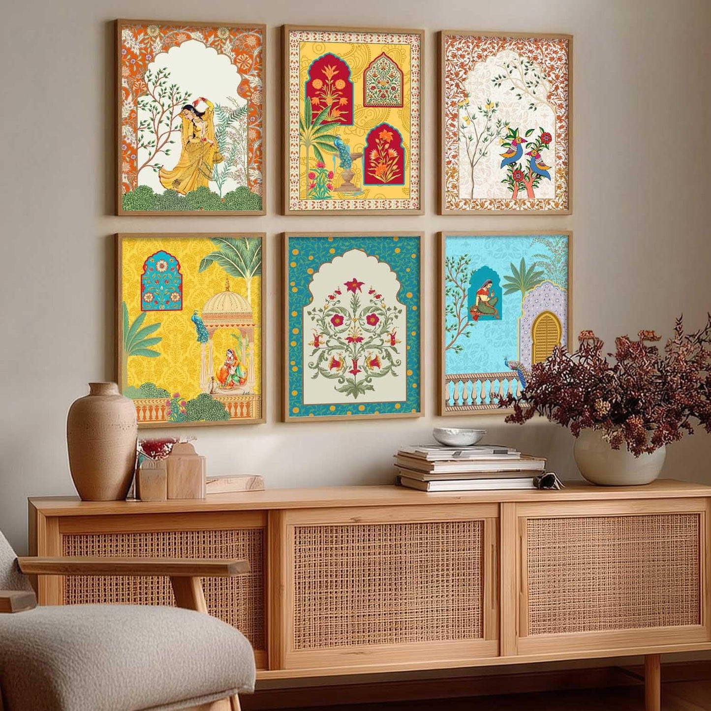 Traditional Indian Wall Art Madhubani Paintings for Living Room|Pichwai Art Painting for Wall Decoration|Framed Wall Painting for Home Room Bedroom Office Wall Décor|set of 6