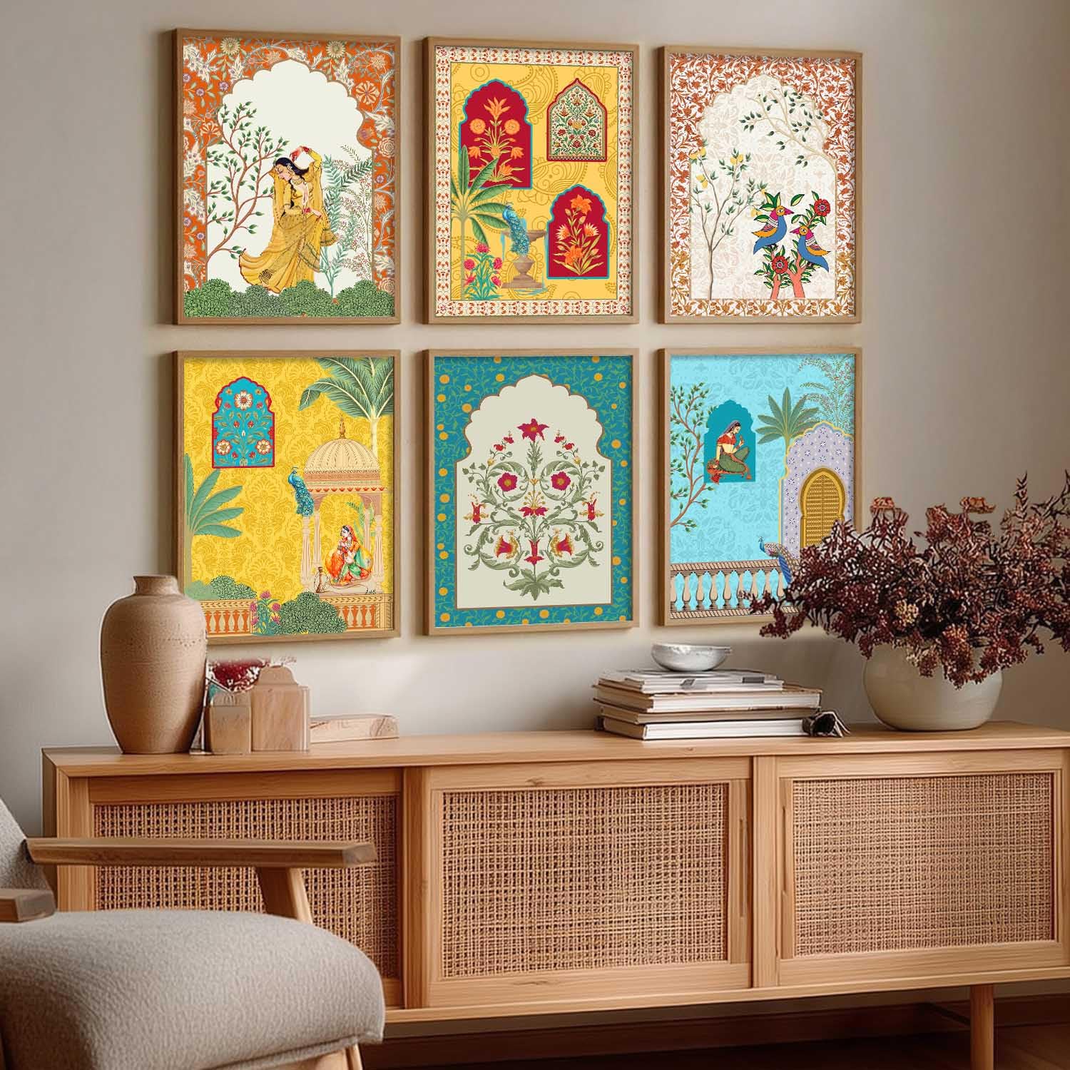 Traditional Indian Wall Art Madhubani Paintings for Living Room|Pichwai Art Painting for Wall Decoration|Framed Wall Painting for Home Room Bedroom Office Wall Décor|set of 6 kafalo