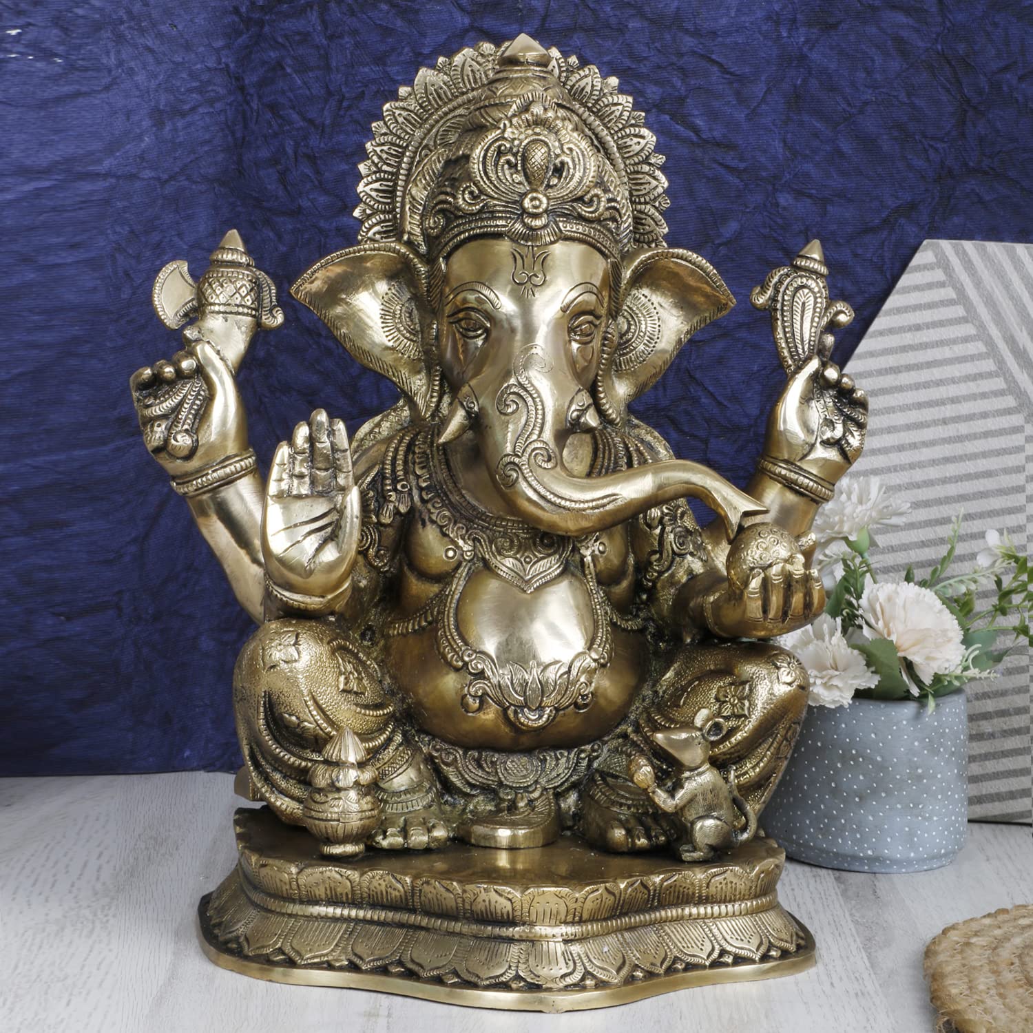 SVARUP Brass Ganesha Idol for Puja Home Decoration Ganpati Statue Murti for Gift Height 16 Inch Color Antique Gold