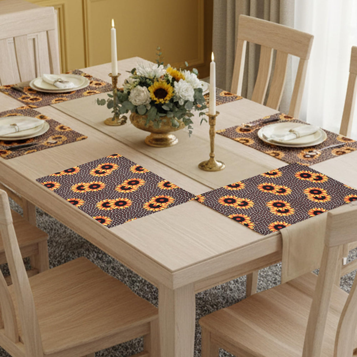 PRAKARTIK BY INDUARTS Dining Table Mats Set of 6 - Sunflower Animal Print Theme,Digital Print, Washable, Indoor/Outdoor, Heat-Proof, Wipe & Clean (47X33 cm) Yellow & Brown Kafalo