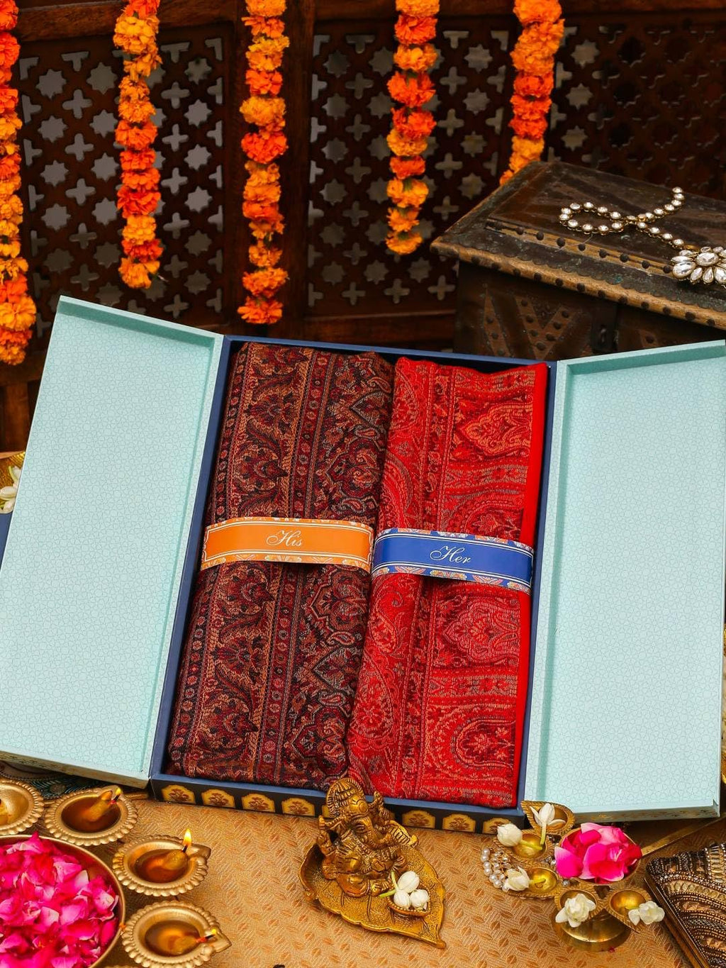 Pashmoda His and Her Gift Set of Jamawar Shawls With Wooden Gift Box