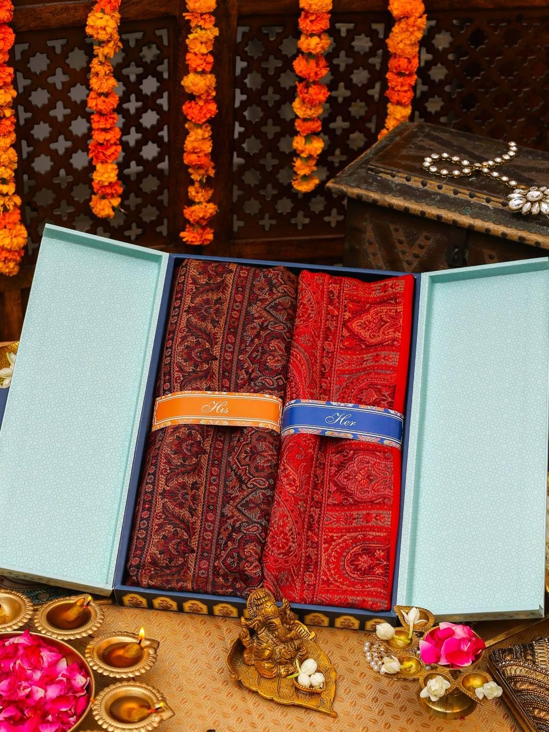 Pashmoda His and Her Gift Set of Jamawar Shawls With Wooden Gift Box