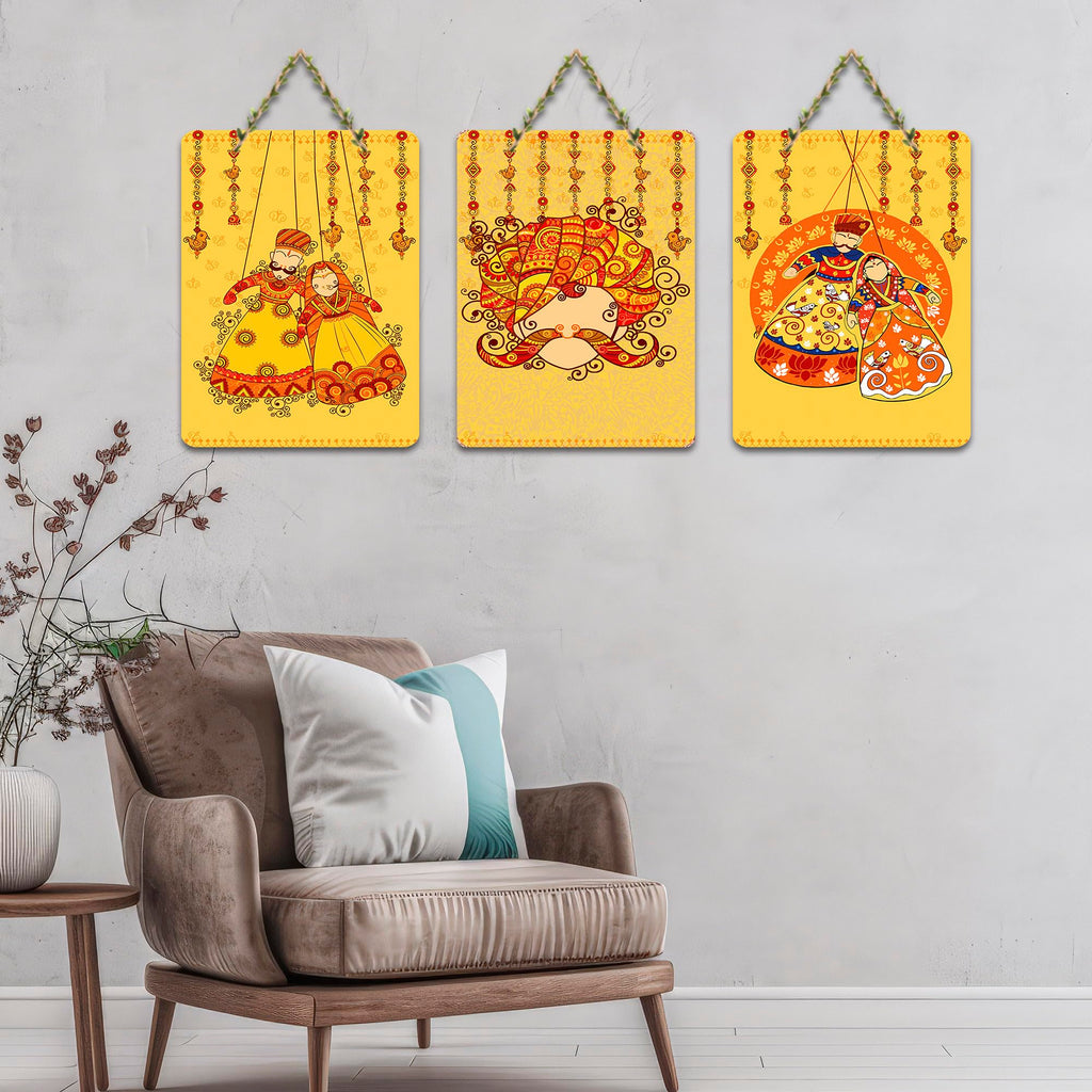 Artvibes Rajasthani Puppet Kathputli Artwork Decorative MDF Wooden Wall Art for Home | Room Decoration | Handcrafted Art | Wall Illustrations | Artworks Hangings | Gift Items (WH_96135N), Set of 3