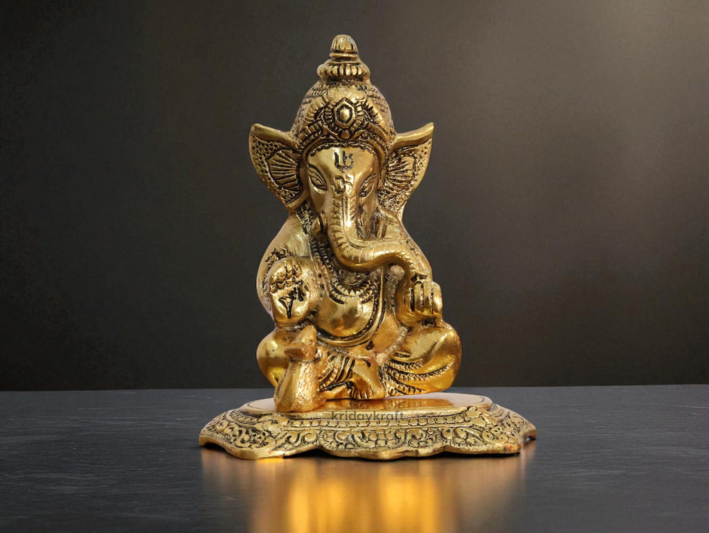 KridayKraft Ganesha Metal Action Statue,Ganpati Murti For Pooja Room & Decor Your Home,Office,Religious Idol Gift Article,Showpiece Figunrines..., 8 Centimeters, Gold