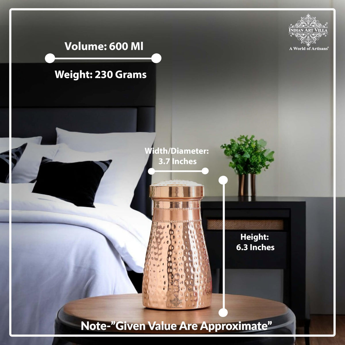 INDIAN ART VILLA Copper Hammered Shine Design Bedroom Water Bottle with Lid, Volume - 600 ML, Pack of 1