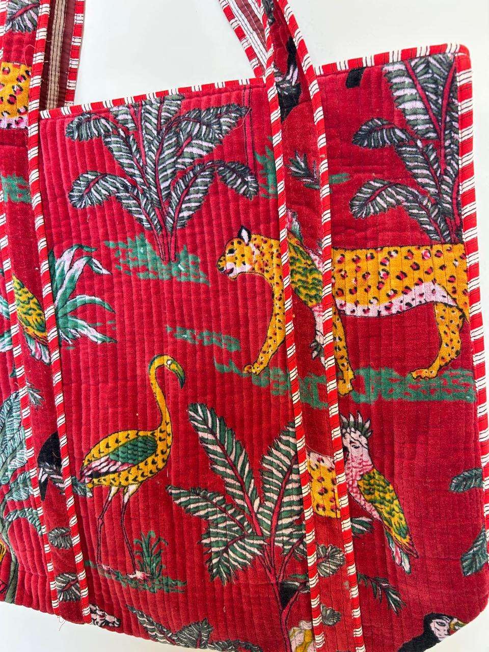 Vaishnav Exports Red Jungle Print Quilted Cotton Tote Bag for Women | Handcrafted Wildlife-Themed Shoulder Bag | Eco-Friendly Reusable Carryall for Travel, Grocery, Beach & Daily Use