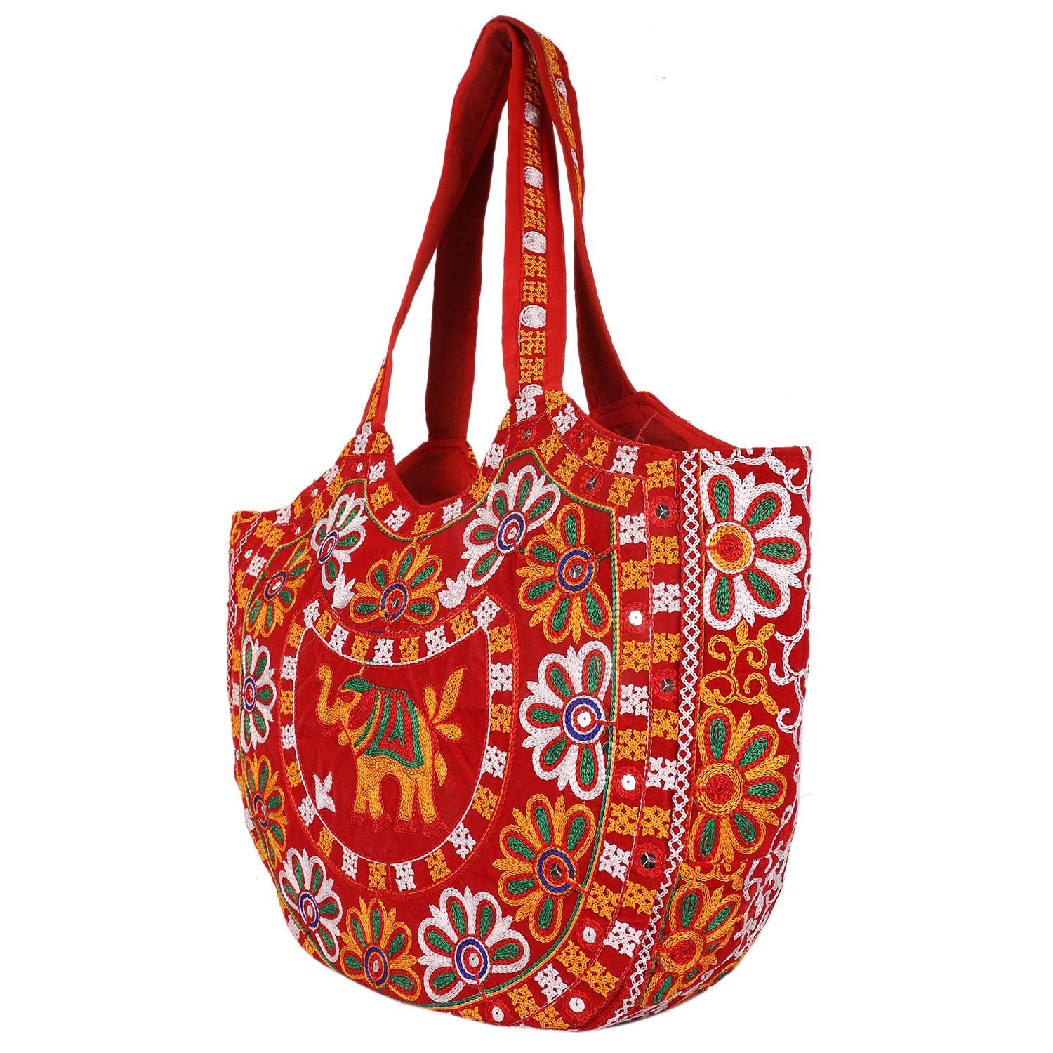 Craft Trade Women's Cotton Tote Bag with Zip 46x30x12 Cm Embroidered Shopping Bag Elephant Design - Red