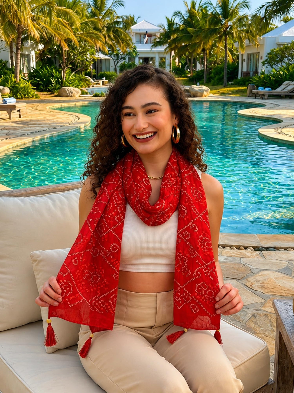 KE KANHA EXPORTS Cotton Scarf with Tassels|Bandhani Print Scarf for Women Stylish|Stole for Women|Breathable Boho Beach Summer Wrap|Multicolor Scarf|Easily Fits 180 * 50 CM