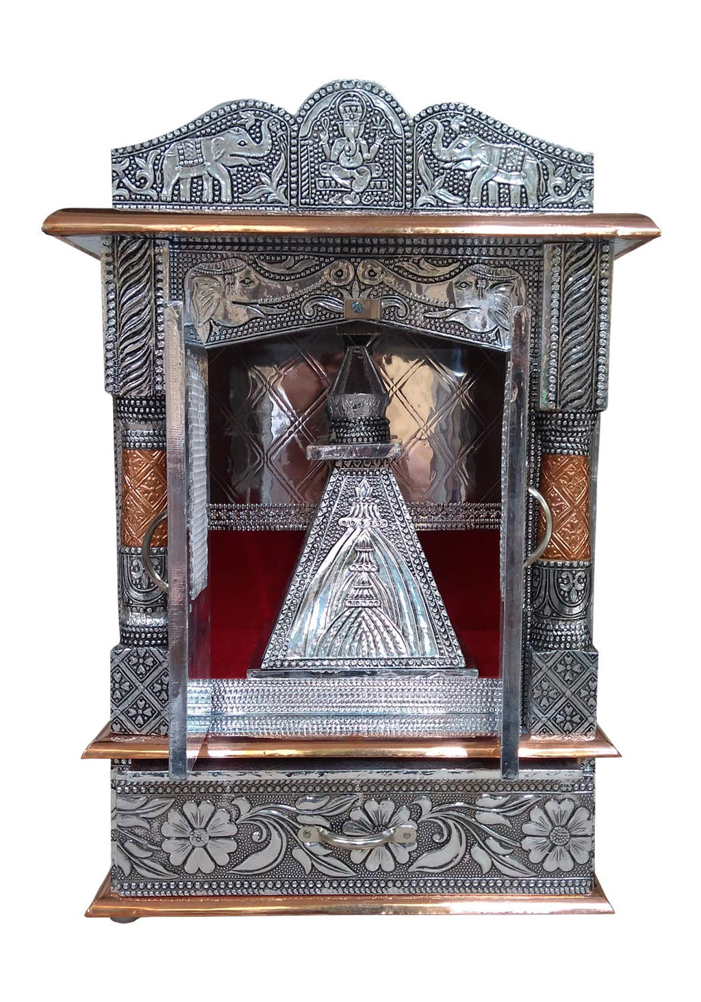 Genaric Vd-Star Aluminium And Copper Oxidized Metal Wooden Handcrafted Designs Temple (Silver And Bronze),H-16In