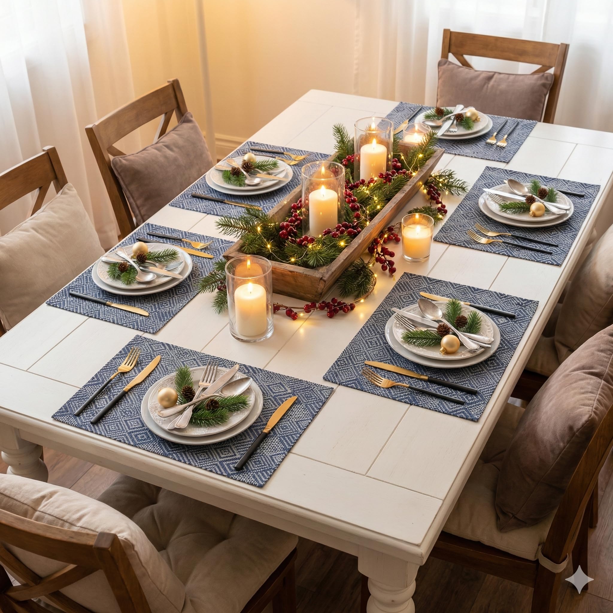 YELONA Placemats Set of 6, Heat-Resistant Woven Vinyl Table Mats, Non-Slip & Washable Dining Tablemats for Kitchen & Dinner Decor, Blue & White (45cm x 30cm) Kafalo