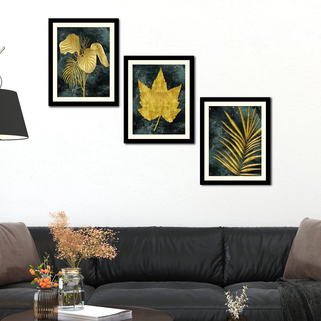 VIBECRAFTS Golden Leaves Decorative Wall Frames Set of 3 For Office Digital Reprint Posters with Synthetic Wooden Frame Home, Office Decorative Gift Item(15 inch x 12 inch)(PFVC3Pcs4_1323)