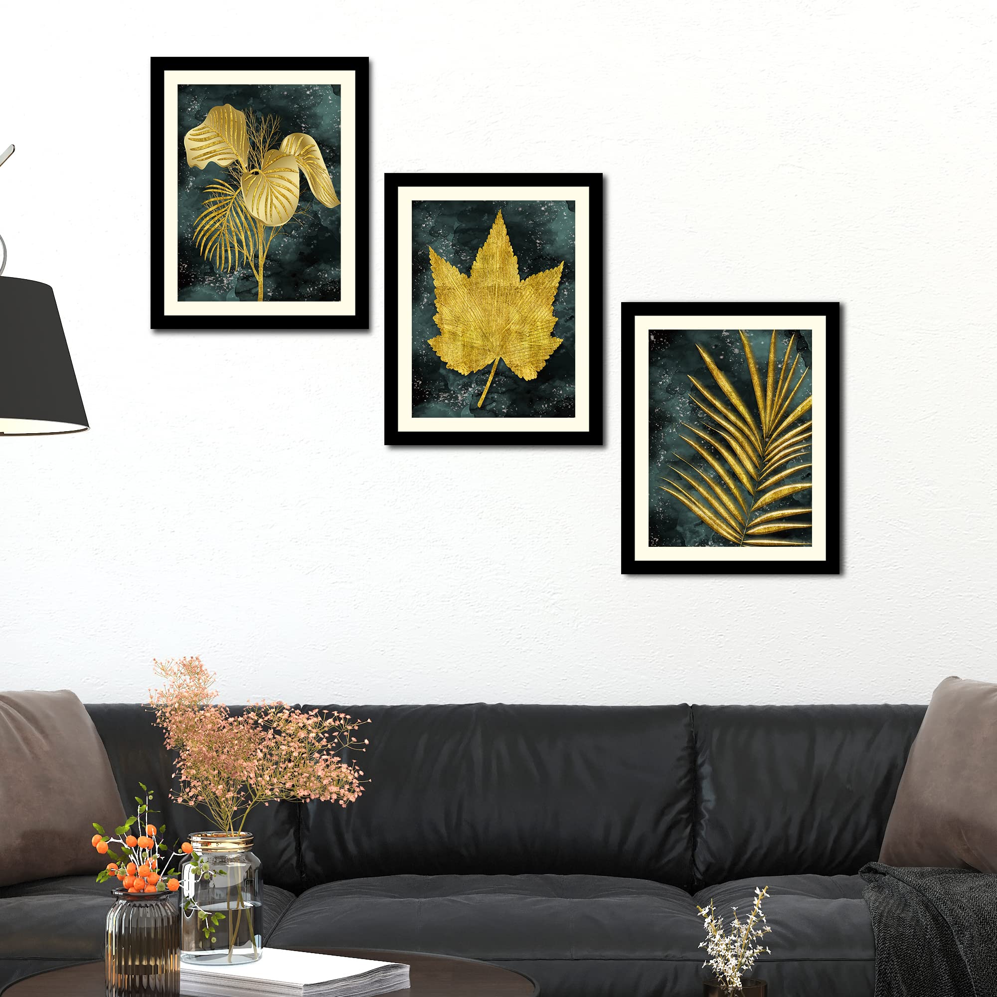 VIBECRAFTS Golden Leaves Decorative Wall Frames Set of 3 For Office Digital Reprint Posters with Synthetic Wooden Frame Home, Office Decorative Gift Item(15 inch x 12 inch)(PFVC3Pcs4_1323)