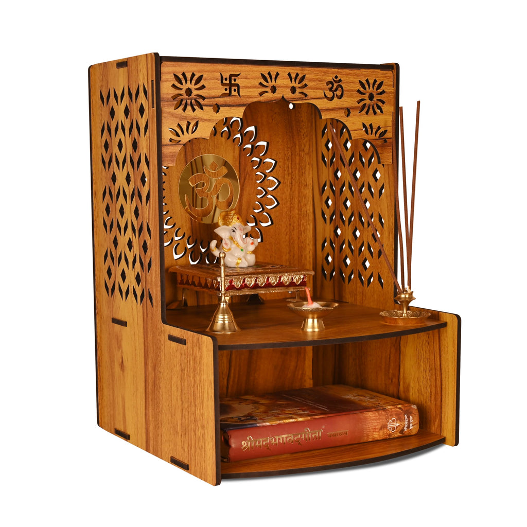 Rousrie Beautiful Wooden Temple Unit for Home | Pooja Mandir with Storage Space Wall Mounted | Puja Cupboard for Home Size (H-15.3, L-10.6, B-11 Inch)