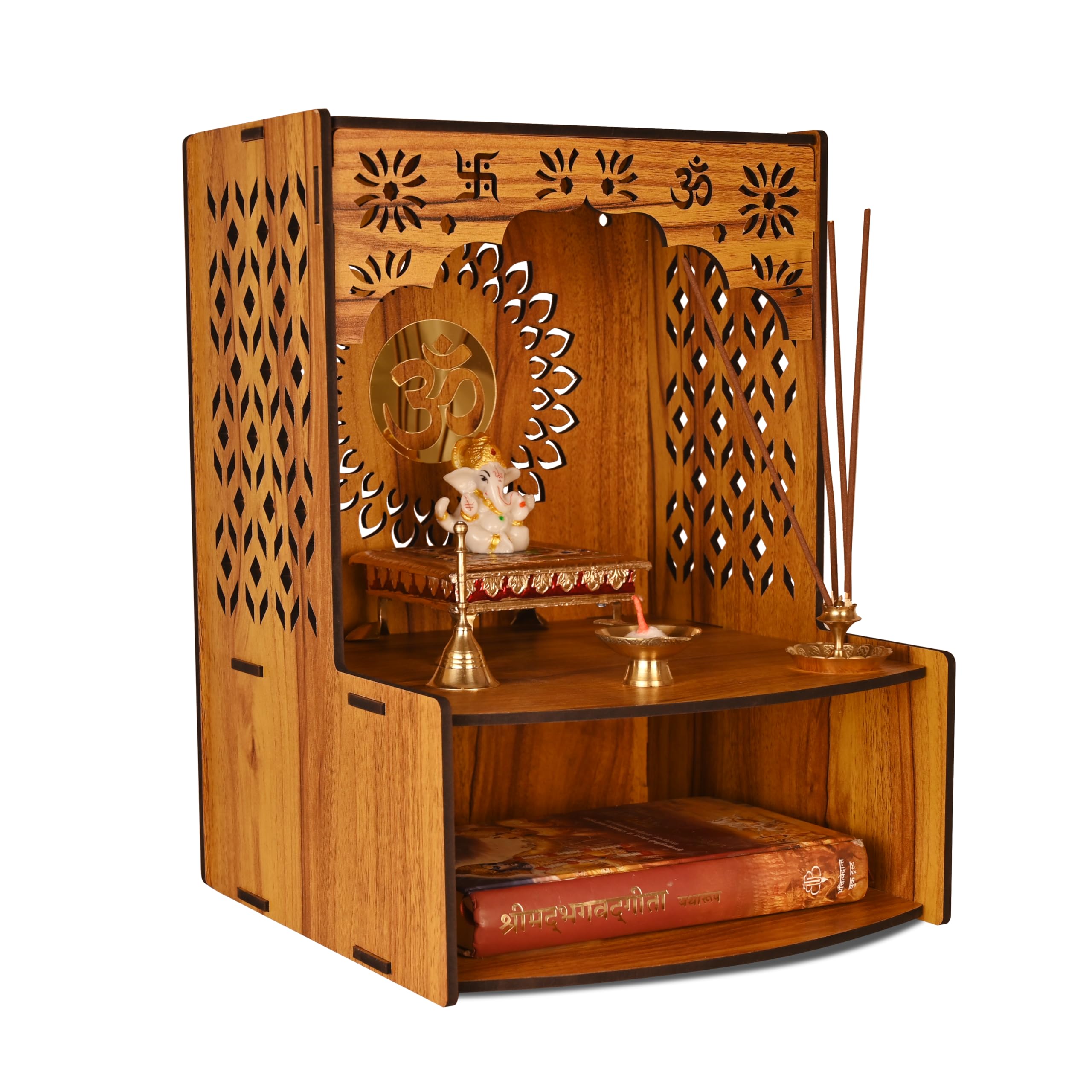 Rousrie Beautiful Wooden Temple Unit for Home | Pooja Mandir with Storage Space Wall Mounted | Puja Cupboard for Home Size (H-15.3, L-10.6, B-11 Inch)