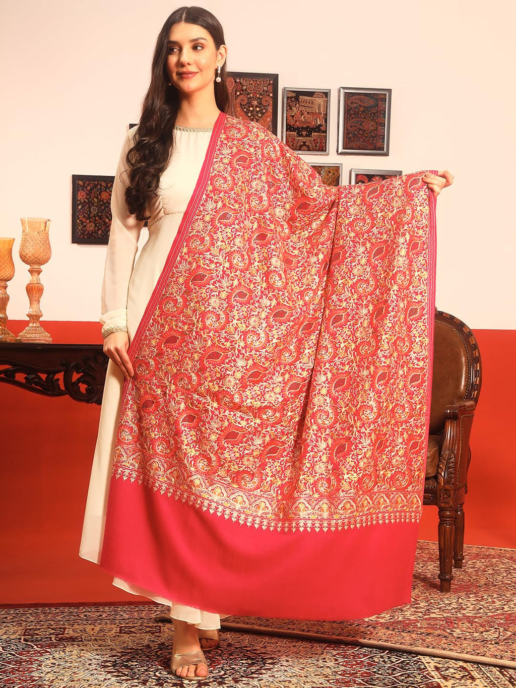 Pashmoda Women Ruhani Fine Wool Nalki Embroidered Shawl (Size: 40x80in, 101x203cm) EMS01