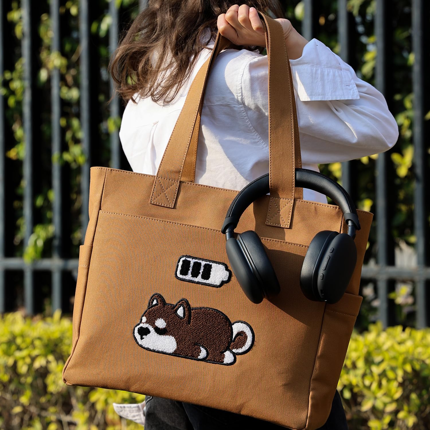 TSANTA U Shaped Canvas Tote Bag, 35.56x33.02 cm with 10.8 cm Gusset, Cotton, Zipper Closure, Laptop Compartment (Low Battery)