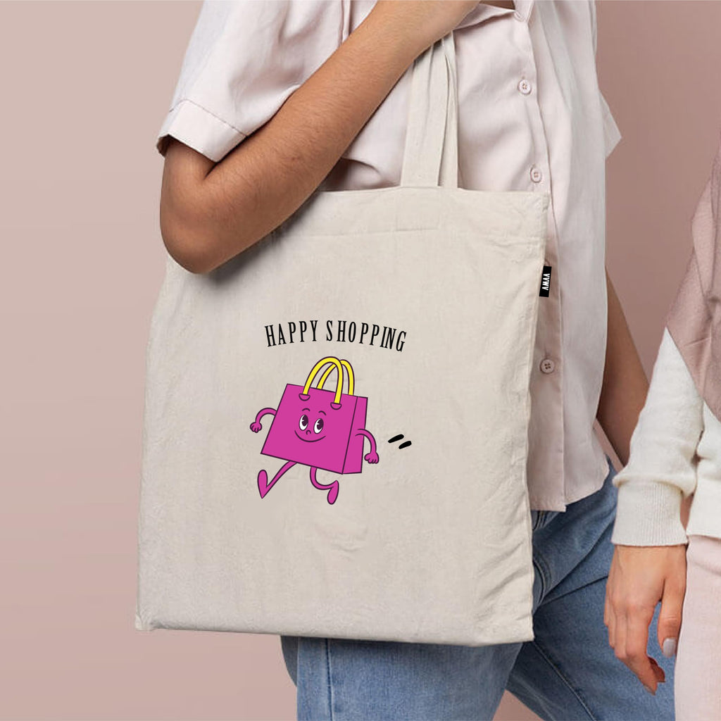 VVWV Happy Shopping Funny Printed Reusable Tote Bags | 100% Organic Cotton Shopping/Grocery Bag | Multi-Purpose Bag | Sturdy Canvas Bag with 15kgs Capacity (13 x 15.7 Inch)