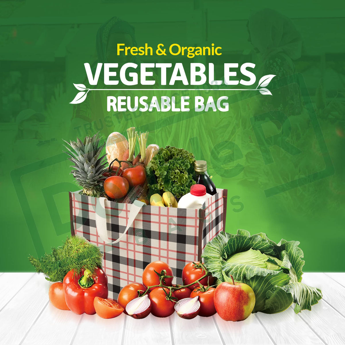 DOUBLE R BAGS Heavy Duty Cotton Canvas Grocery Shopping Bag | Eco-Friendly Cloth Tote for Vegetables, Milk, Fruits & Lunch | 44 x 20 x 33cm | 1 Compartment | Pack of 1 Check Print