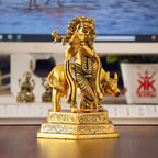 KridayKraft Lord Cow Krishna with Flute Metal Handicraft Statue, Gold-Plated Religious Showpiece Decorative Figurine,Hindu Religious Idol, 16 cm