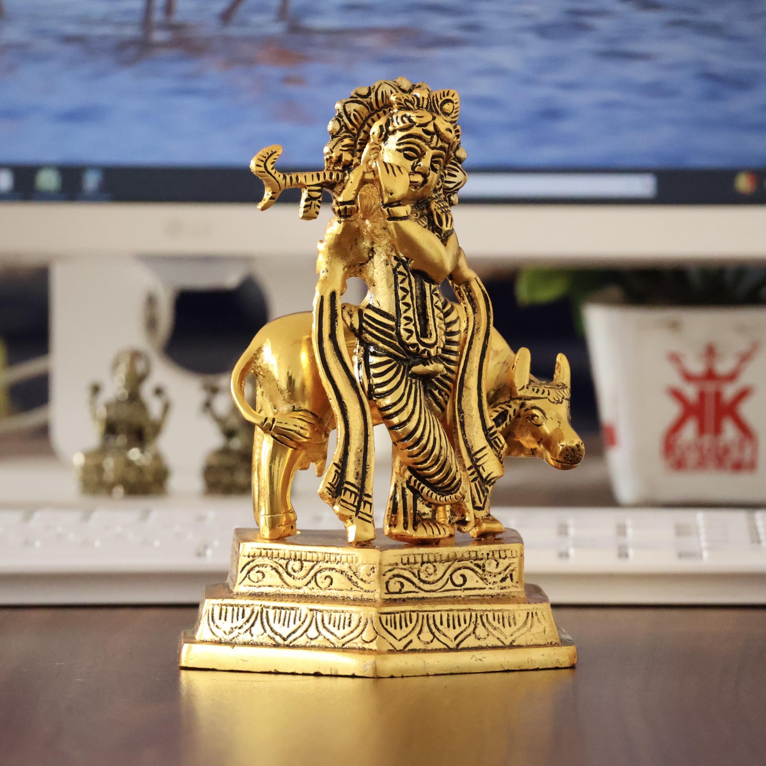 KridayKraft Lord Cow Krishna with Flute Metal Handicraft Statue, Gold-Plated Religious Showpiece Decorative Figurine,Hindu Religious Idol, 16 cm