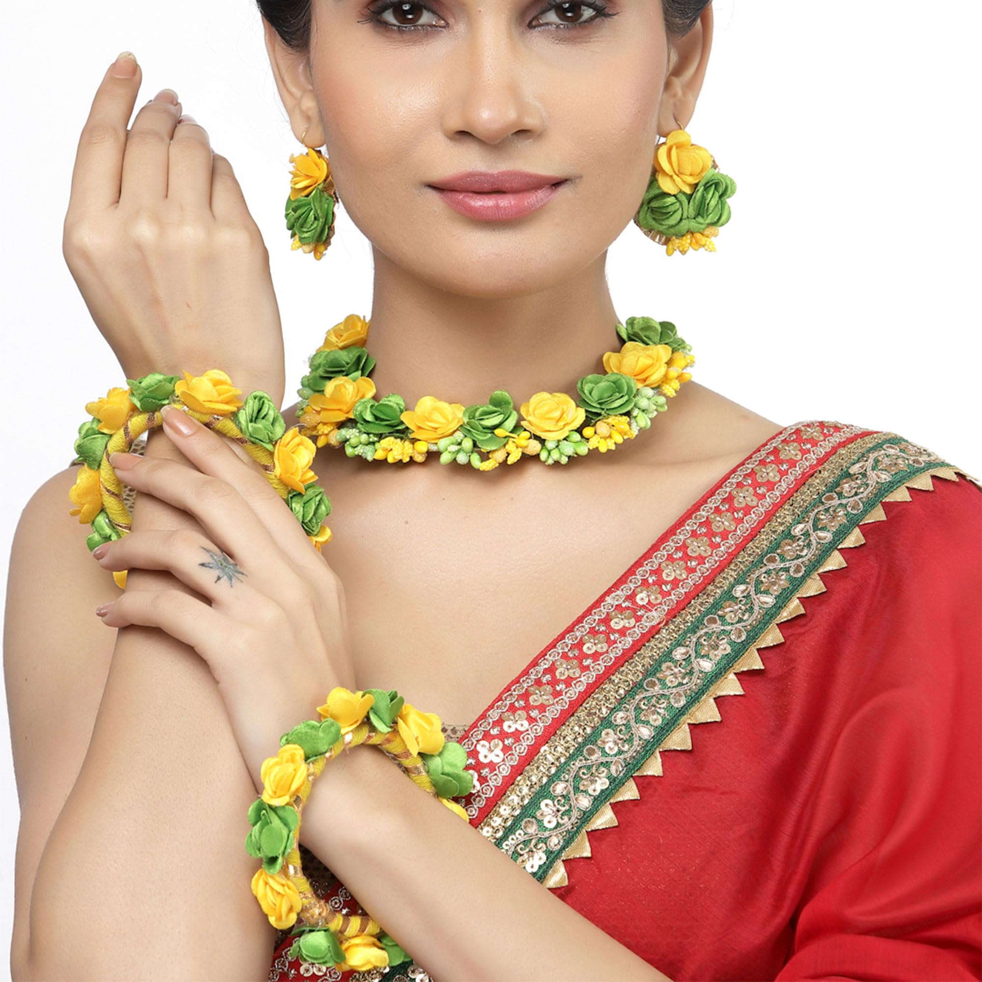 ZENEME Handmade Yellow & Light Green Floral Jewellery Set for Women & Girls | Handcrafted Flower with Pearls Necklace Set with Earrings, Maang Tikka & Pair of Hathphool Bangle | Mehendi, Haldi, Wedding & Bridal Jewallery`