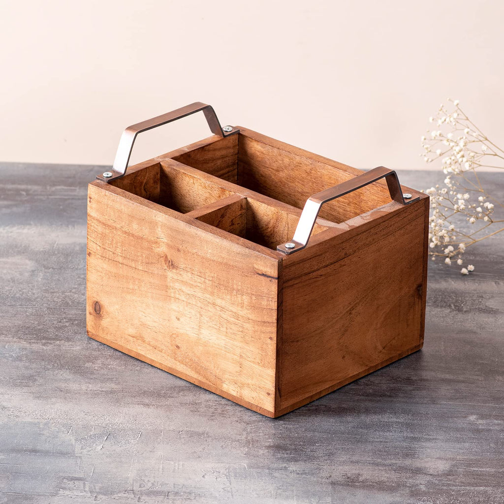 nestroots Cutlery Holder Spoon Stand for Dining Table | Wooden cutlery holder multipurpose | Kitchen rack with copper handle, salt pepper sauces storage Teak Wood Iron Handles copper 3 Sections