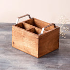 nestroots Cutlery Holder Spoon Stand for Dining Table | Wooden cutlery holder multipurpose | Kitchen rack with copper handle, salt pepper sauces storage Teak Wood Iron Handles copper 3 Sections