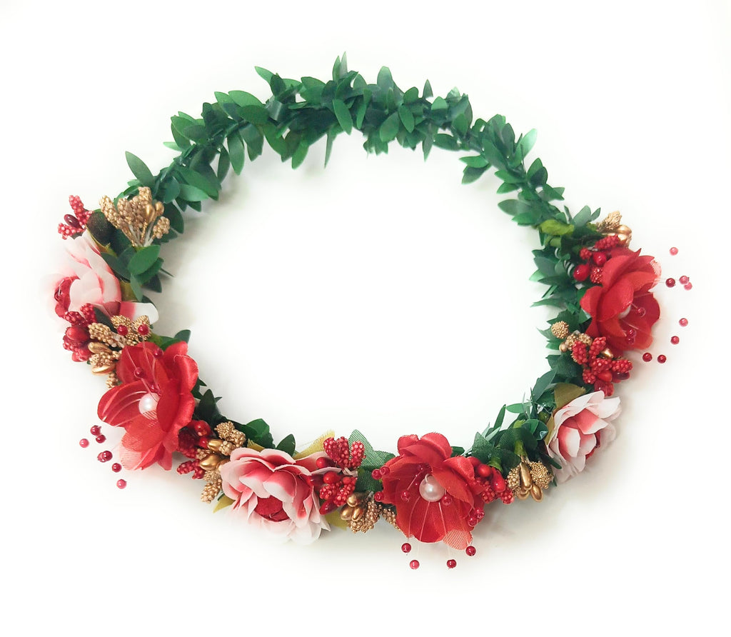CRAnsh Creations; Crafted with Love Handmade Flower Tiara for Girls Women Jewellery Hair Accessories Adjustable with ribbon Pack of 1 (Red)