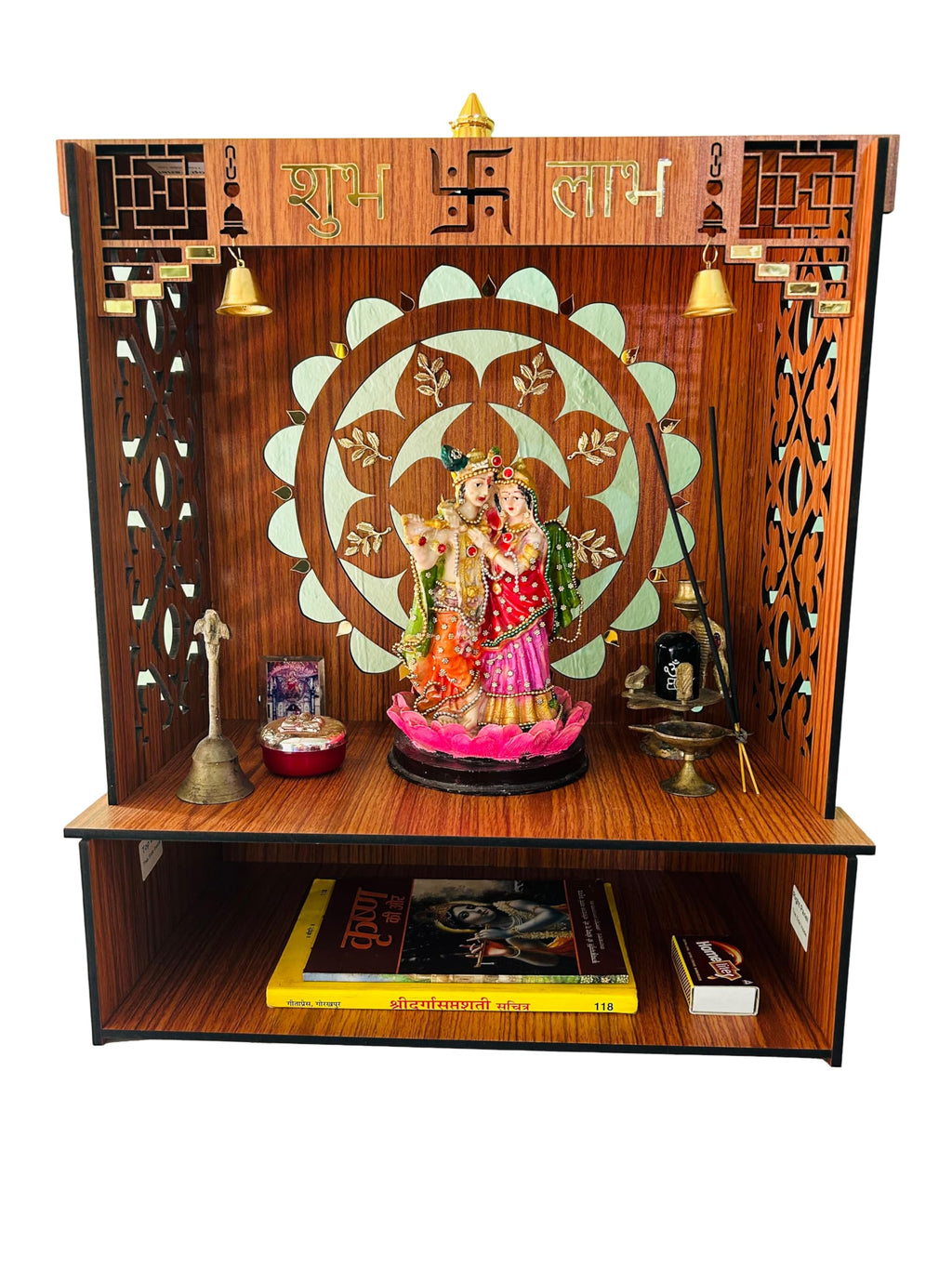 Beautiful Wooden Pooja Mandir for Home & Office | Wall-Mounted Temple with LED Spot Light & Storage | Handcrafted Art & Craft Pooja Stand | Elegant Puja Mandap for Home Temple (23D x 40W x 46H cm)