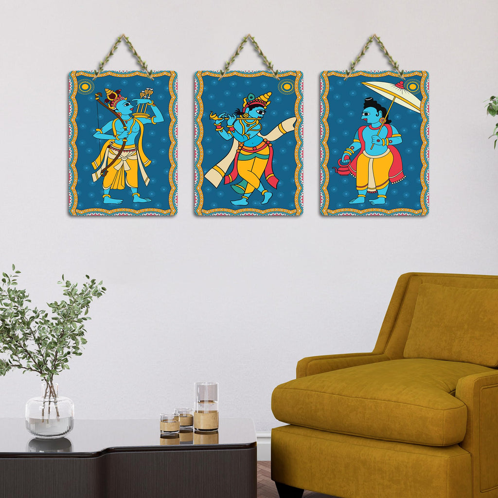 Artvibes Divine Shri Krishna & Ram Indian Religious Art Wooden Wall Hanger for Home | Spiritual Decor Items | Wall Poster | Artwork| Stylish Modern Decor Item | Gift Items (WH_96182N), Set of 3
