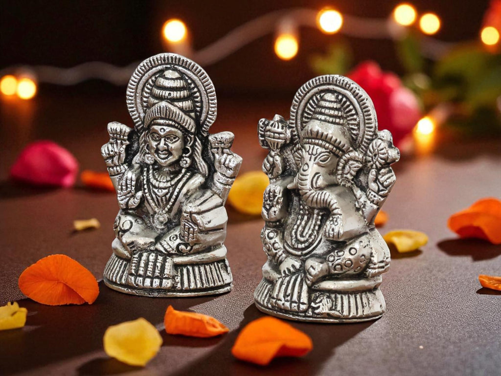 KridayKraft Metal Lakshmi & Ganesha Idol Pair – Silver Antique Finish Mini Statues (7.5 cm × 4 cm Each), 160 g – Auspicious Home Puja Decor & Diwali Gift