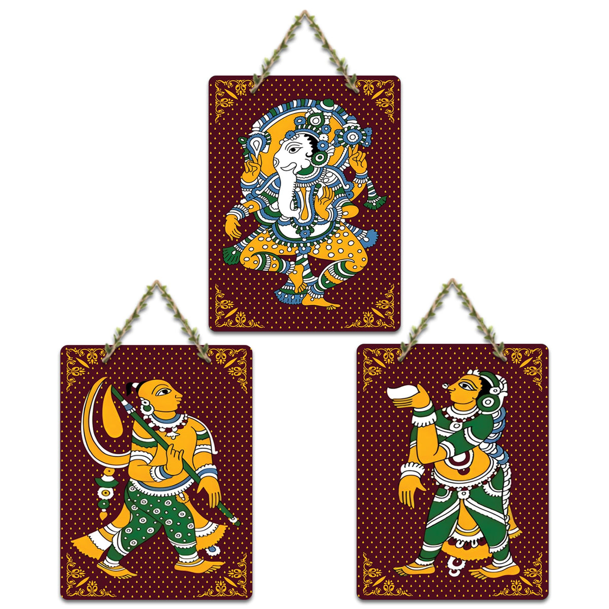 Artvibes Phad Art Home Wooden Wall Hanger for Home Decor | Modern Decoration Items | Living Room | Bedroom | Office | Artwork | Wall Illustrations | Handcrafted Art | Gift Items (WH_96173N), Set of 3