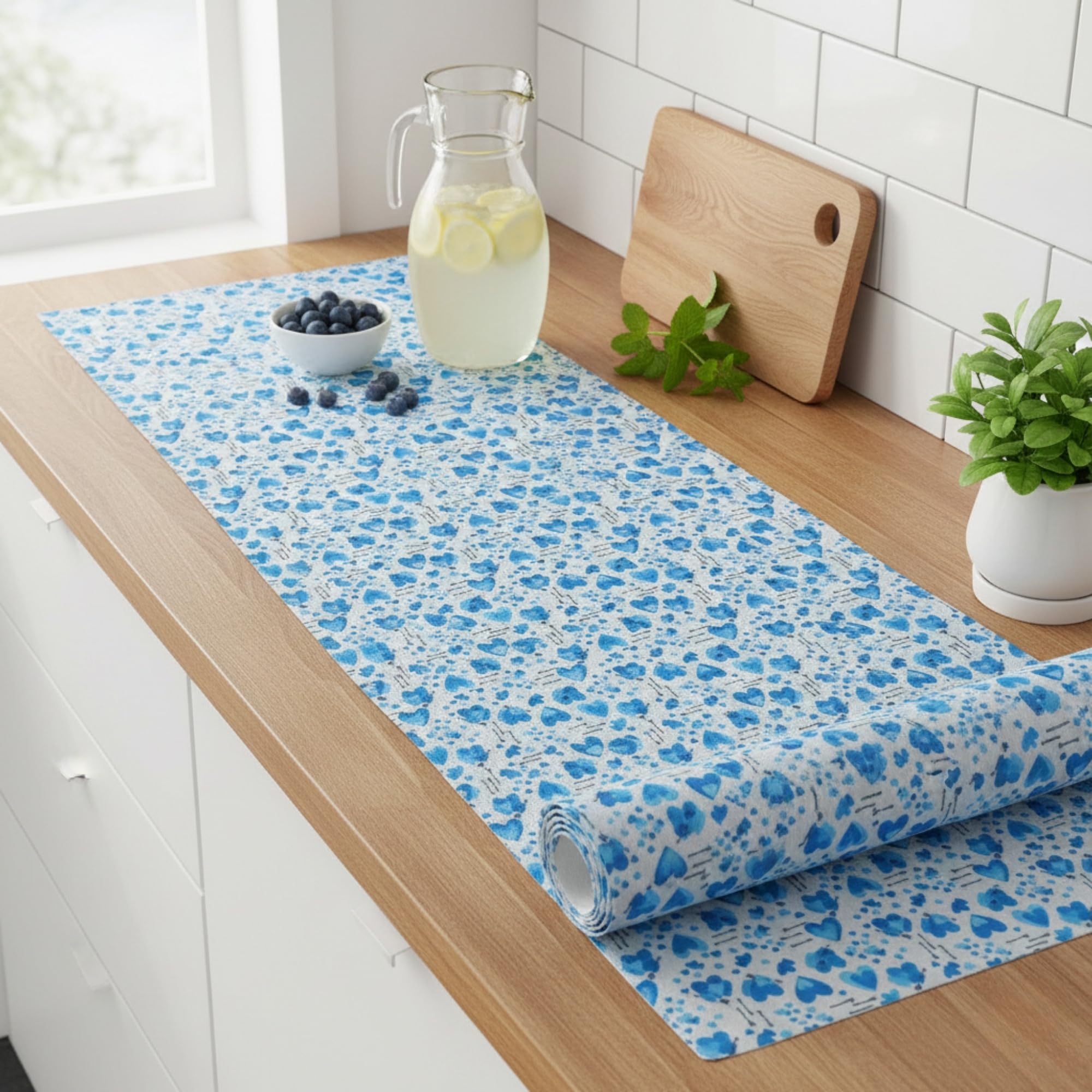 MUSHIES Premium Washable Placemat Roll (Blue Heart, 5 Metre x 17 Inch) | Multipurpose Kitchen Mat, Dining Table Mat, Fridge Mat, Wardrobe & Drawer Shelf Liner Kafalo