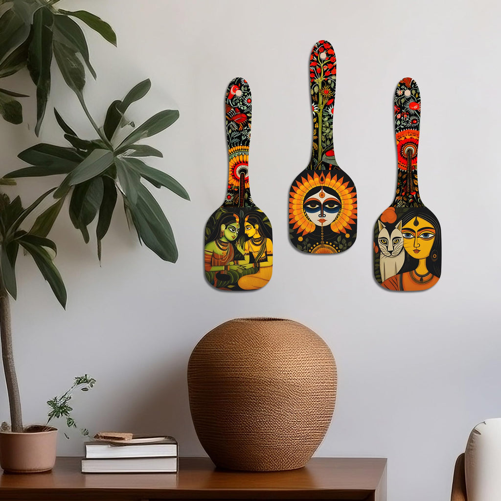 Artvibes Women Kalighat Art Spatula Shape Wooden Wall Hanging | Modern Art Print | Wall Accent | Gift Items | Aesthetic Wooden Decoration | Ethnic Wall Decor | Cafe Decor (WH_11005N), Set of 3