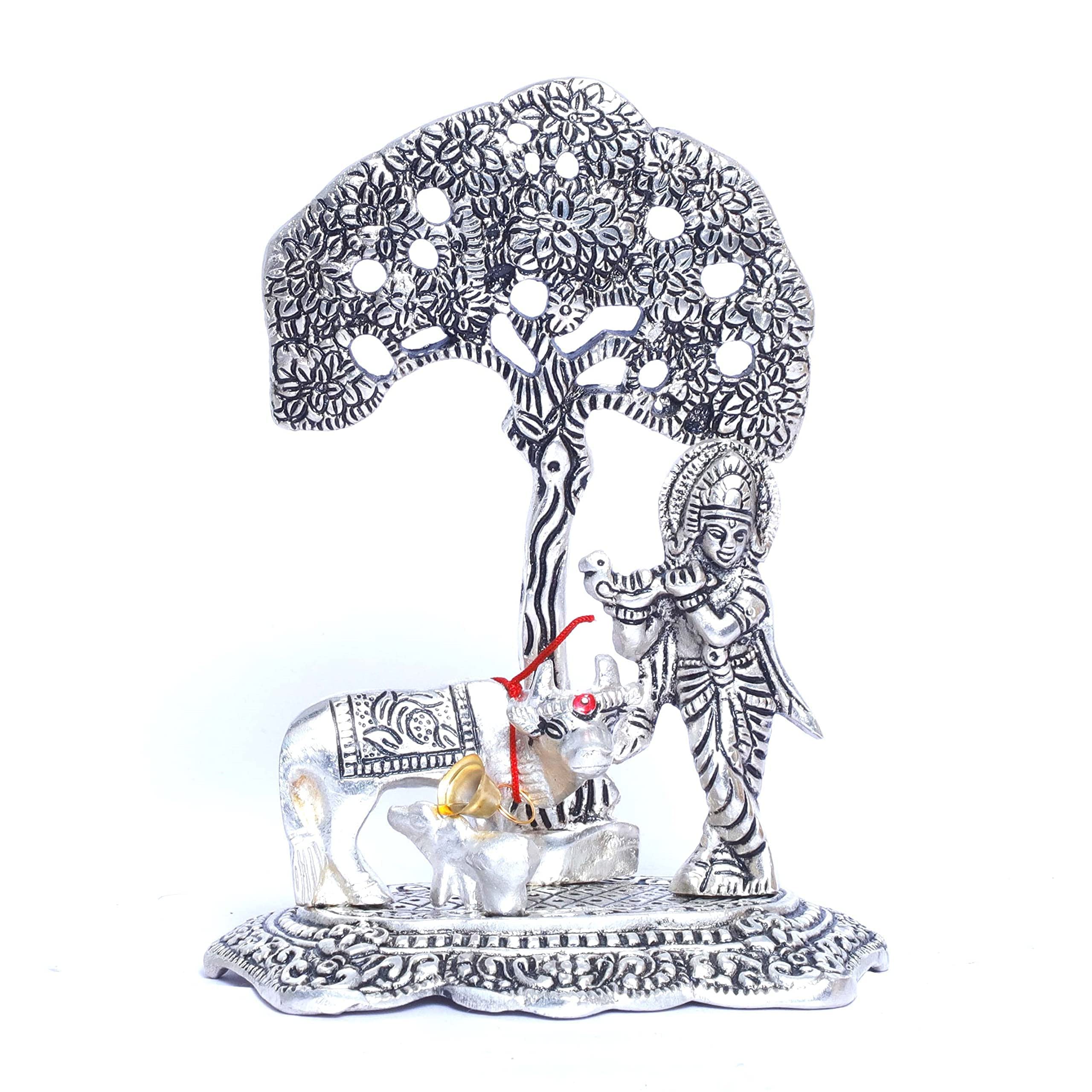 KridayKraft Silver Plated Kamdhenu Cow with Krishna Standing Under Tree Plying Flute Metal Statue,Krishna Murti Idol for Pooja & Decor Your Home,Office,Showpiece