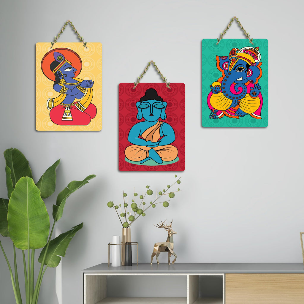 Artvibes Buddha, Krishna & Ganesh Modern Art Wooden Art Decoration Item for Living Room | Religious Decor | Graphic Artwork | Aesthetic Wooden Decor | Ethnic Decor | Ideal Gifts (WH_96158N), Set of 3
