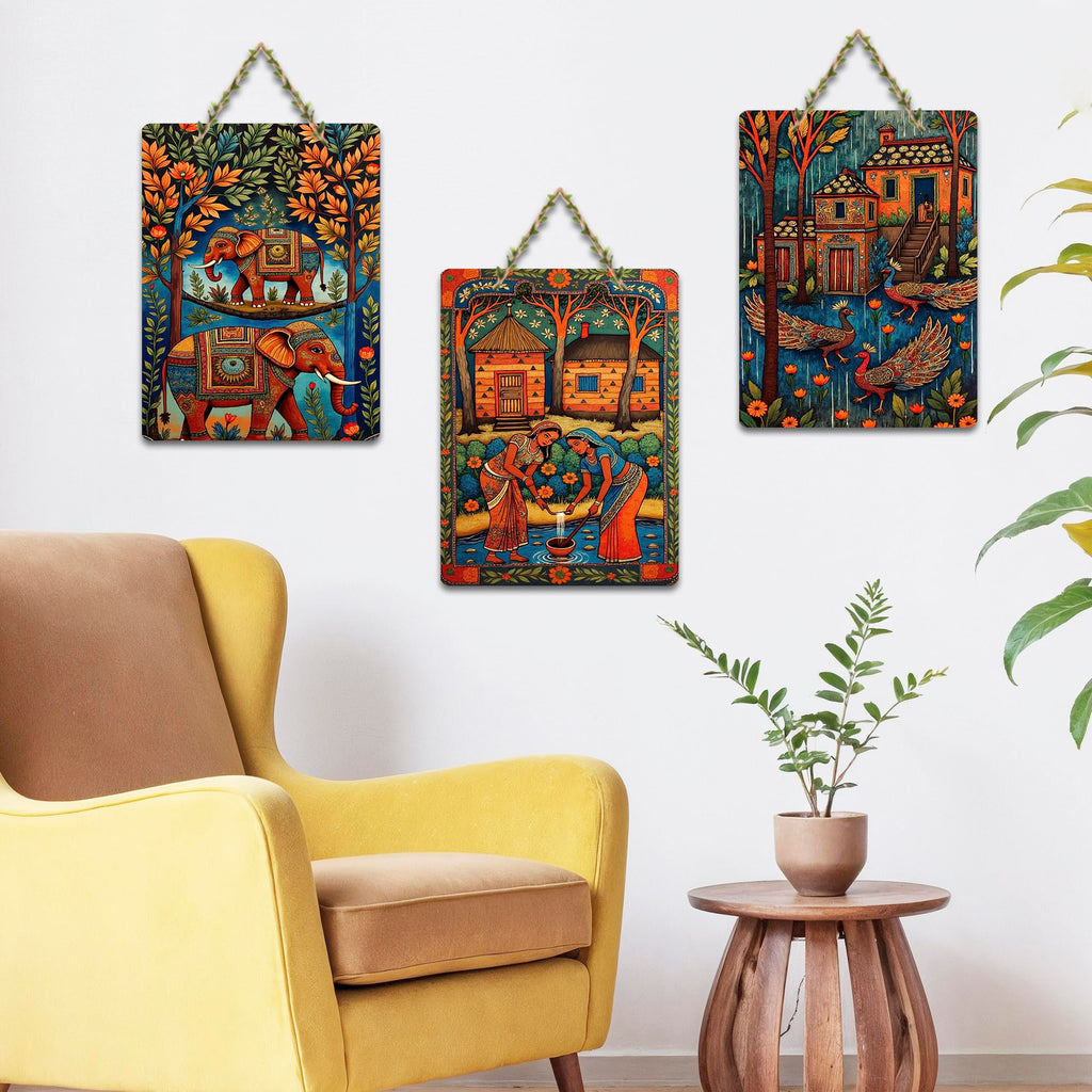 Artvibes Traditional Indian Decor Wooden Art Decoration Item for Living Room | Room Wall Art | Modern Decor Artwork | Living Room | Cafe | Wall Art Print | Unique Gift Items (WH_96115N), Set of 3