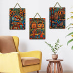 Artvibes Traditional Indian Decor Wooden Art Decoration Item for Living Room | Room Wall Art | Modern Decor Artwork | Living Room | Cafe | Wall Art Print | Unique Gift Items (WH_96115N), Set of 3