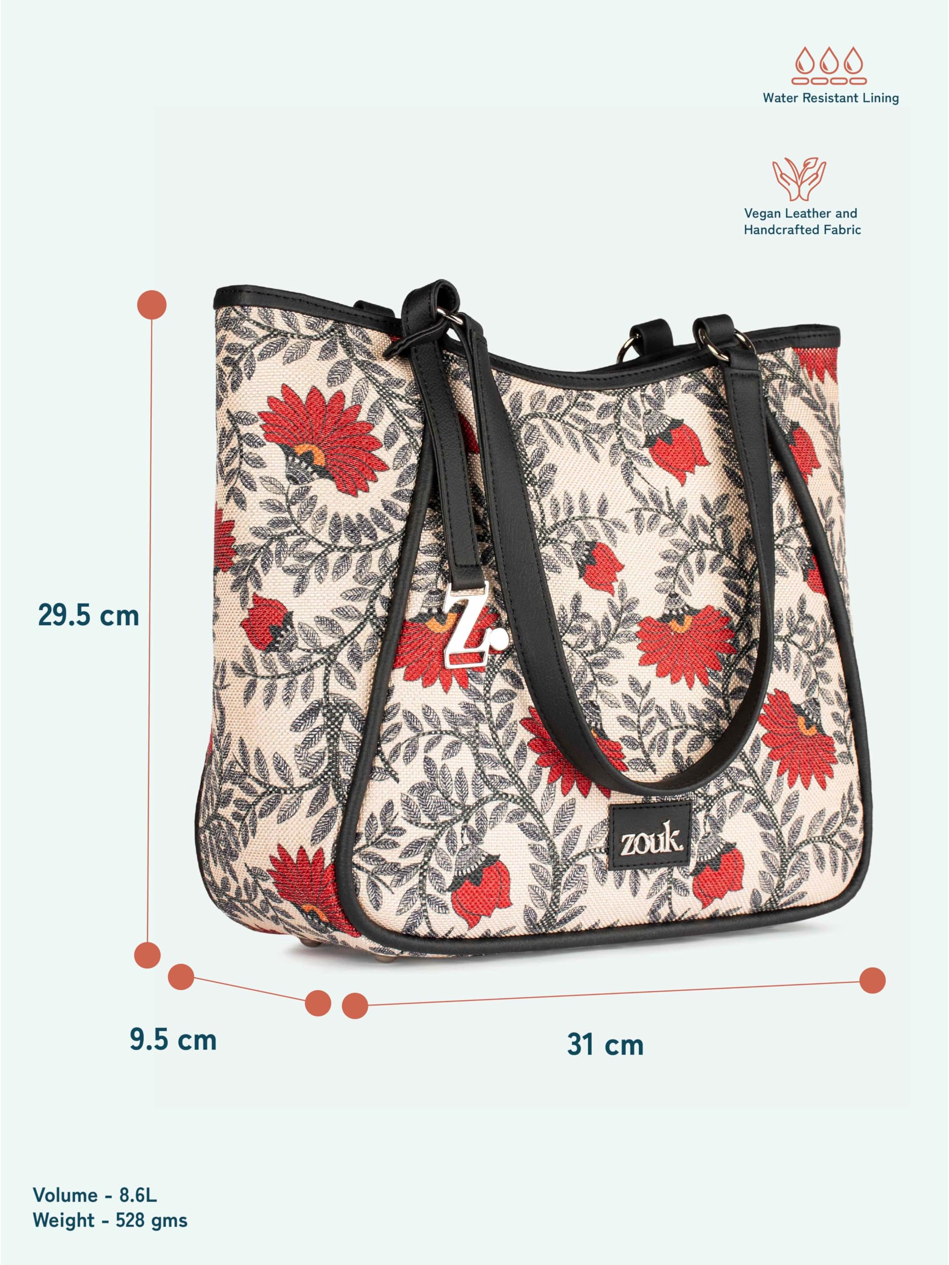 ZOUK Naisha Red & Beige Floral Tote Bag for Women | Vegan Leather Large Shoulder Handbag with Bottle Holder, Multiple Pockets & Water-Resistant Lining | Office, Travel & Daily Use | Nawabi Couture
