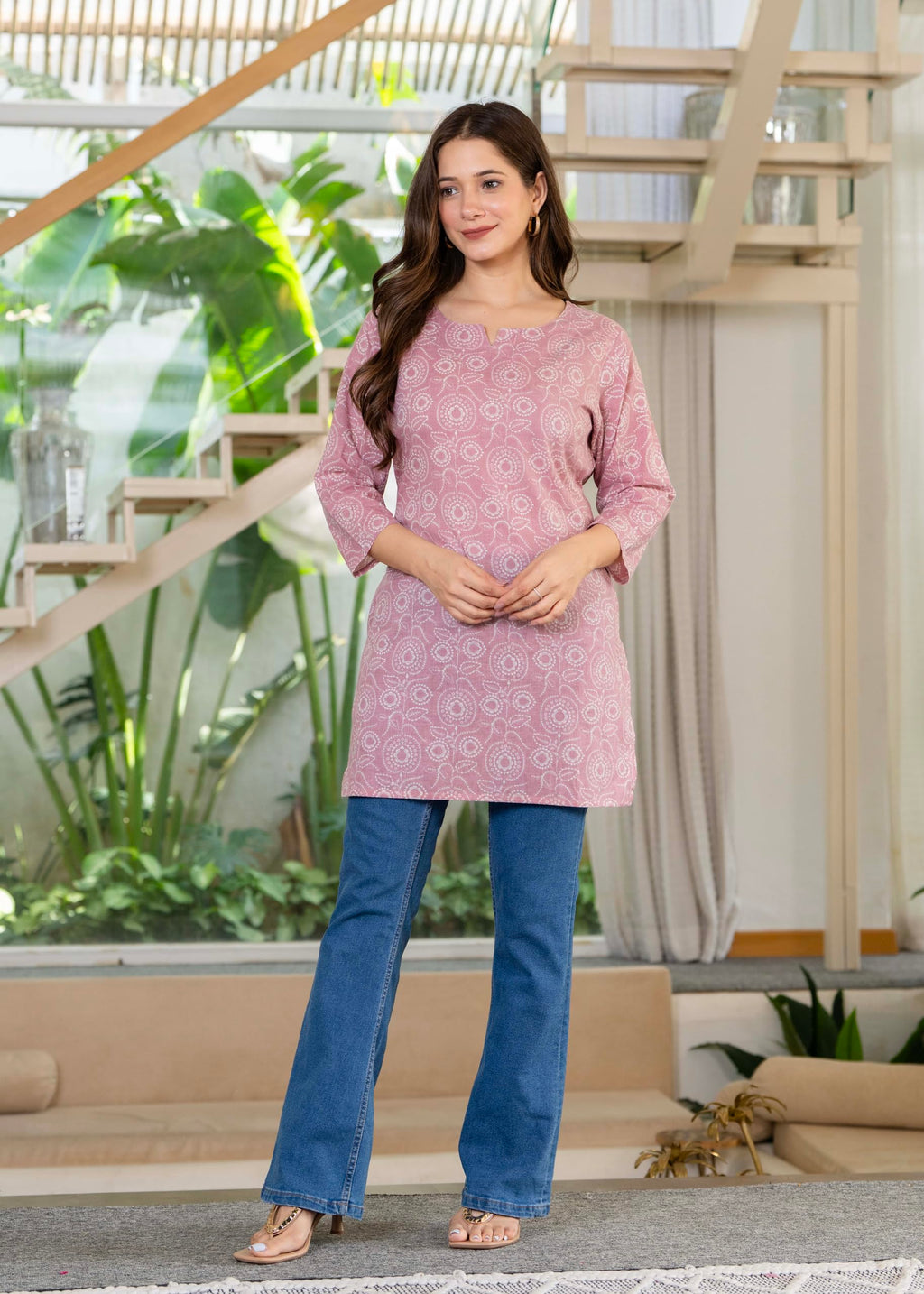 Women Floral Print Tunic Kurta (in, Alpha, L, Regular, Pink)