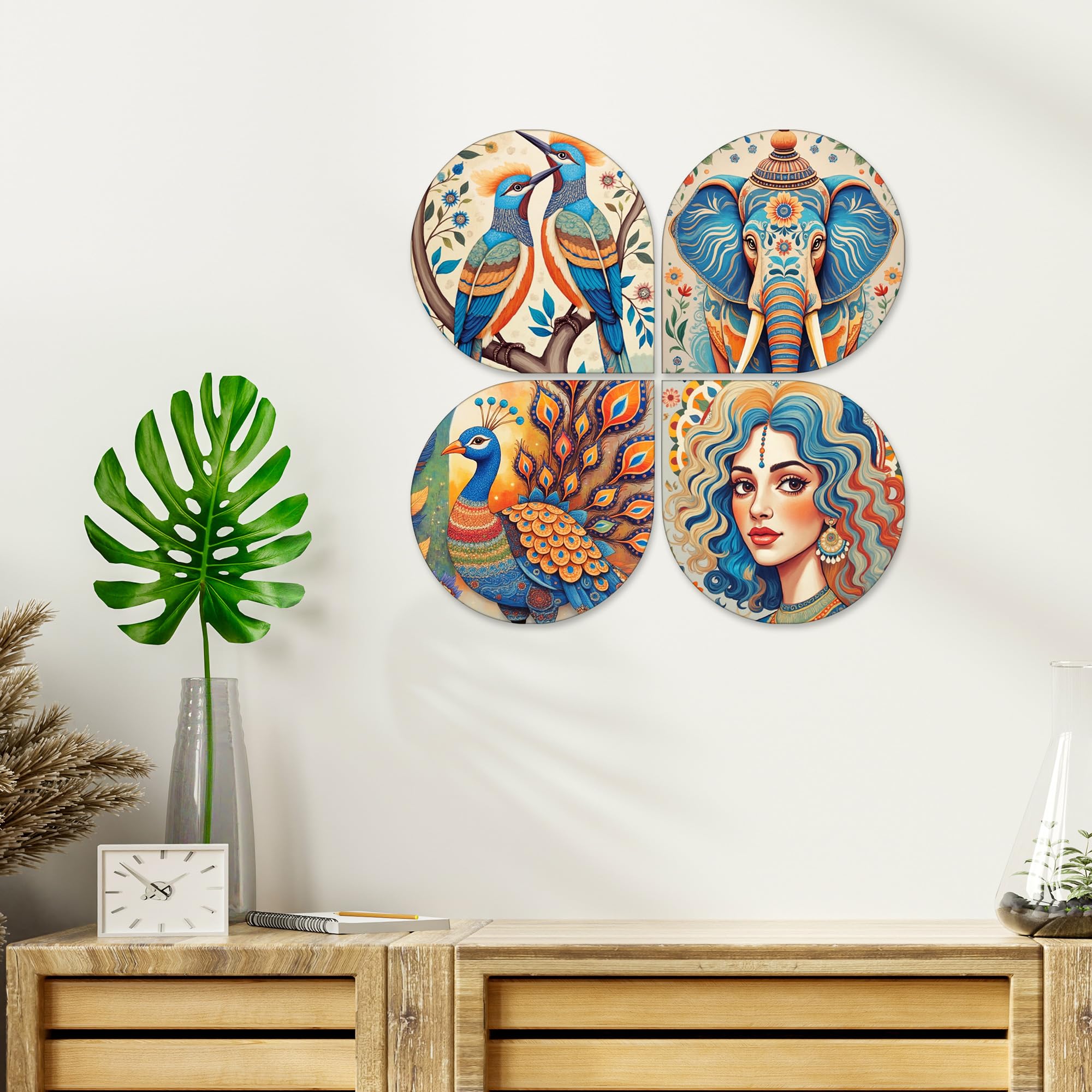 Artvibes Nature Modern Art Decorative Wall Art MDF Wooden Wall Hanger for Living Room | Wall Sculpture | Signs | Handcrafted Art | Modern Decor Artwork | Wall Poster | Unique Gift (WH_8458N), Set of 4