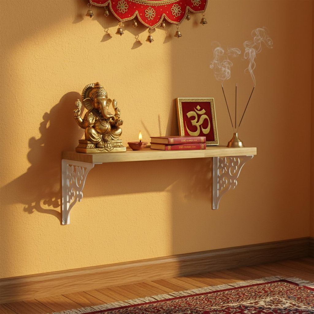 Spillbox Wooden Pooja Home Temple|White Metal Shelf |Wall Mountable|Easy Screw Assembly|Home Temple for Puja Room |Pooja Stand | Mandir-Triple Floral (Small White)
