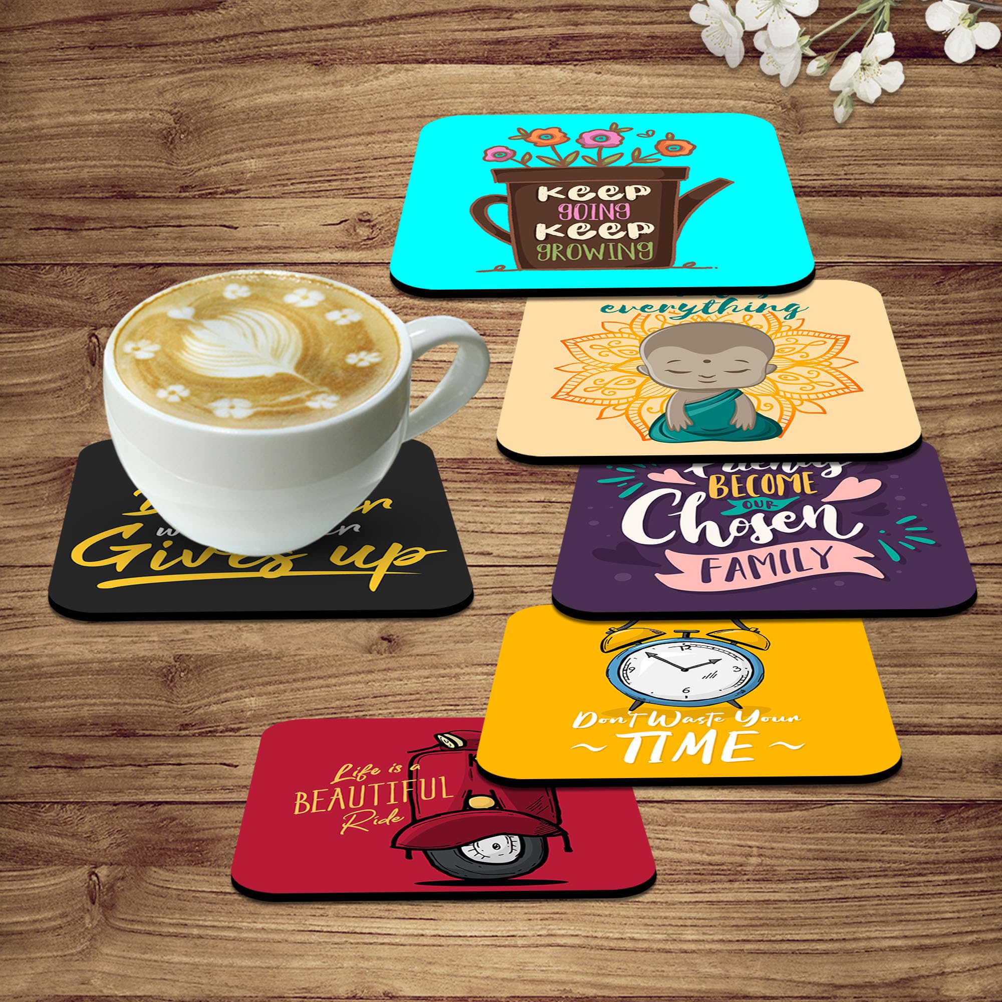 Artvibes Printed MDF Wooden Coasters for Home and Kitchen | Dining Table Decor | Square Coasters | Kitchen Decorative Items | Table Decoration | Home Decor (Set of 6 | 4x4 Inch)(Quotes) TC_2013