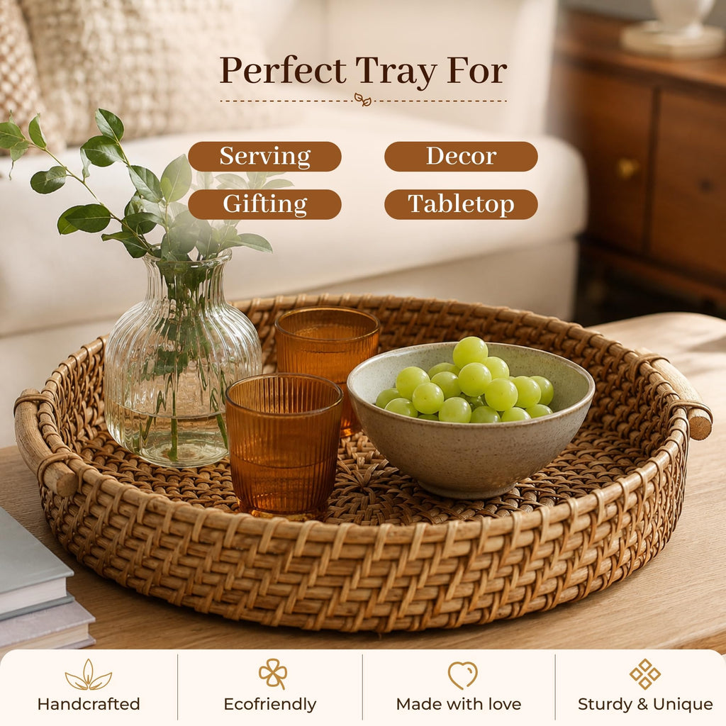 Habere India-All the Cultures Fabricating India Bamboo Serving Tray | Serveware for Dining Table | Rattan Tea Tray | Wooden Trays for Decoration - Round, Brown (Dia-31 x H8 cm)