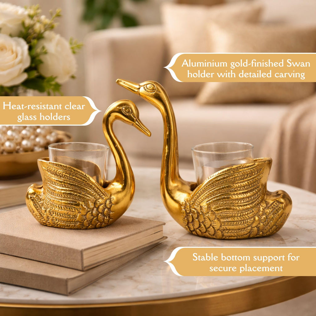 AROFER Aluminium Pair of Swan Showpieces | Tealight Glass Bowls | Gold Finish Decorative Candle Holder Stand | Home Decor Accent | Candle Light Dinner Decoration Set | Swan Pair Centerpiece