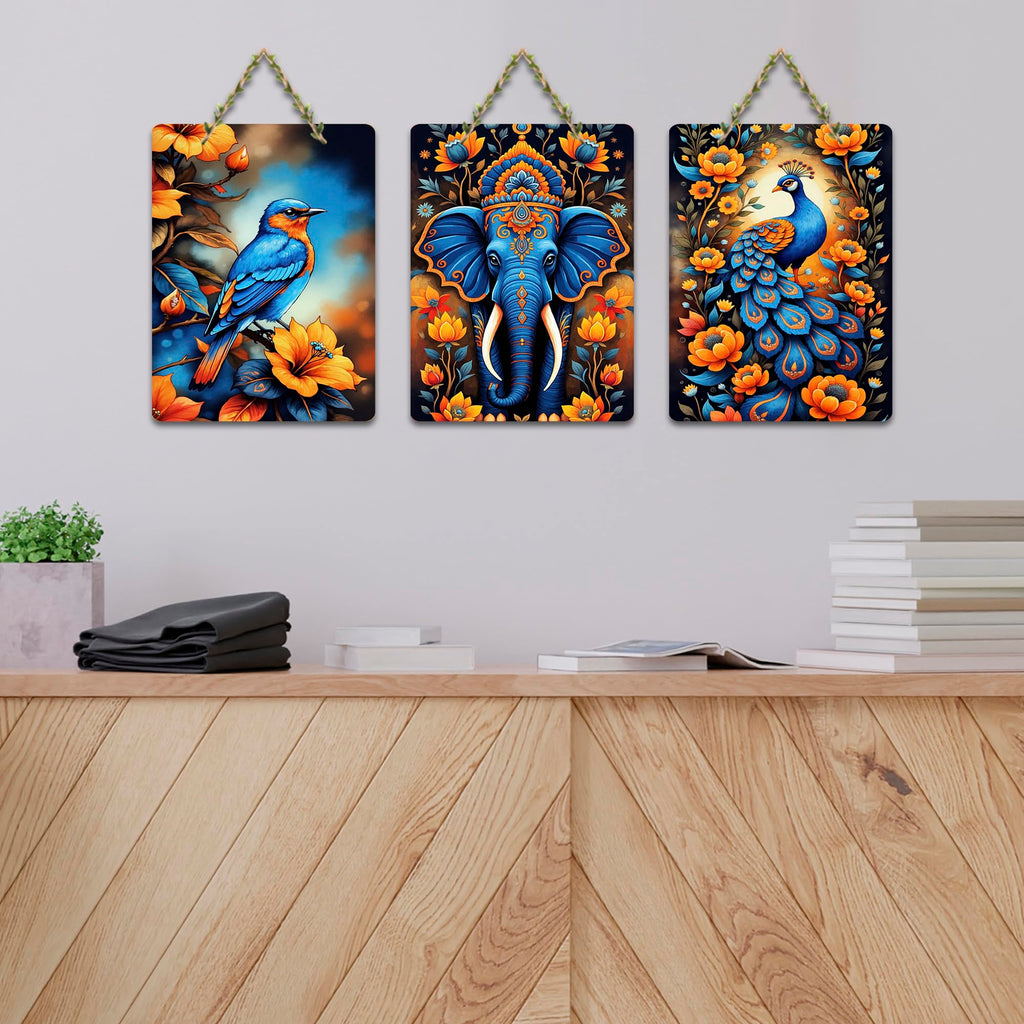 Artvibes Peacock, Birds & Elephant Aesthetic Modern Art Wooden Wall Hanger for Home Decor | Garden Balcony| Stylish Modern Decor Item | Wall Art Print | Unique Gift Items (WH_9620N), Set of 3