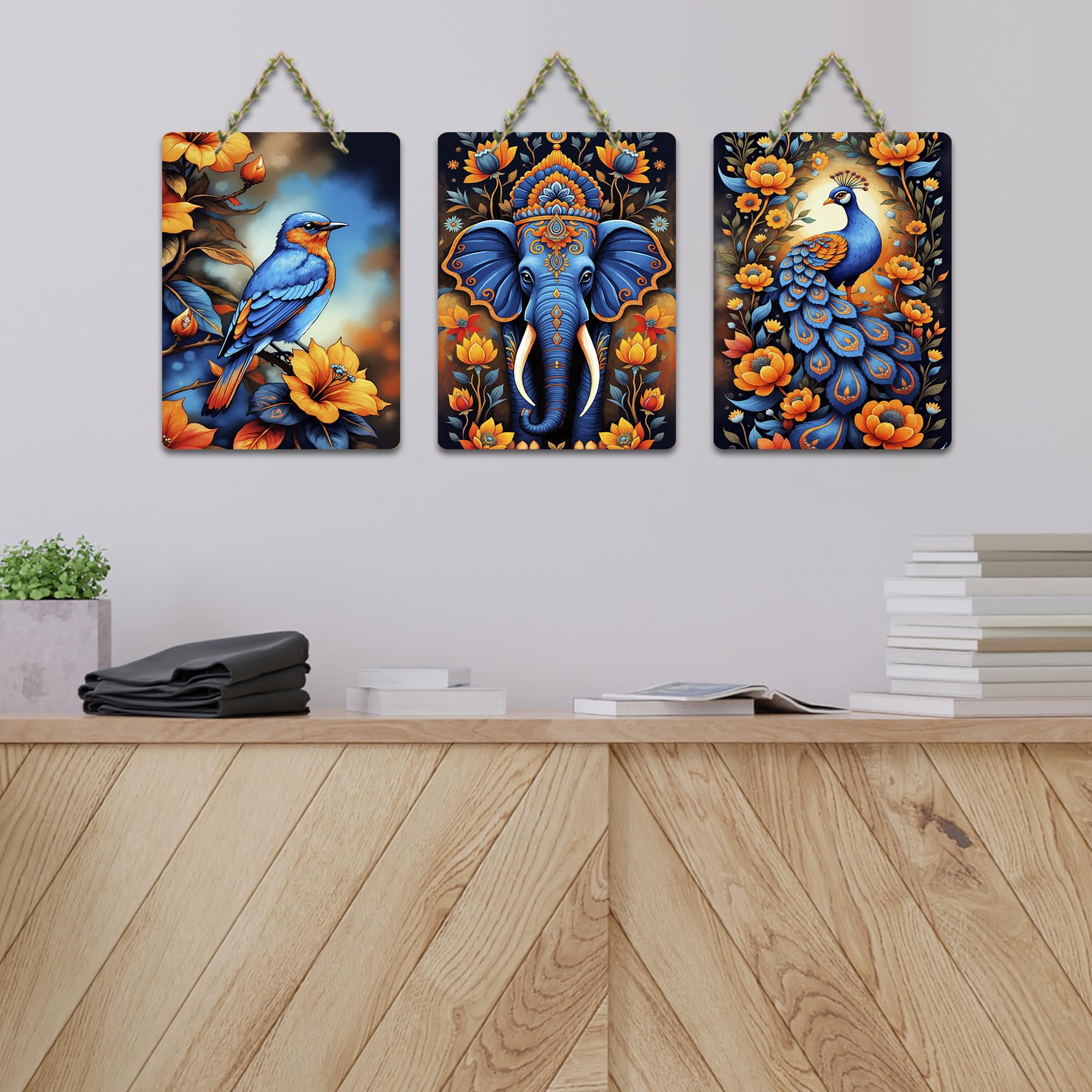 Artvibes Peacock, Birds & Elephant Aesthetic Modern Art Wooden Wall Hanger for Home Decor | Garden Balcony| Stylish Modern Decor Item | Wall Art Print | Unique Gift Items (WH_9620N), Set of 3